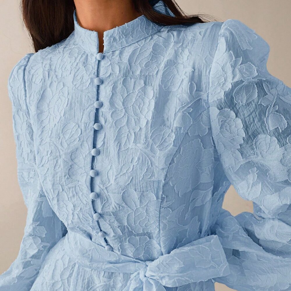 Baby Blue Elegant Women's A-Line Puff Sleeve Short Dress with Stand Collar - Picture 7 of 7